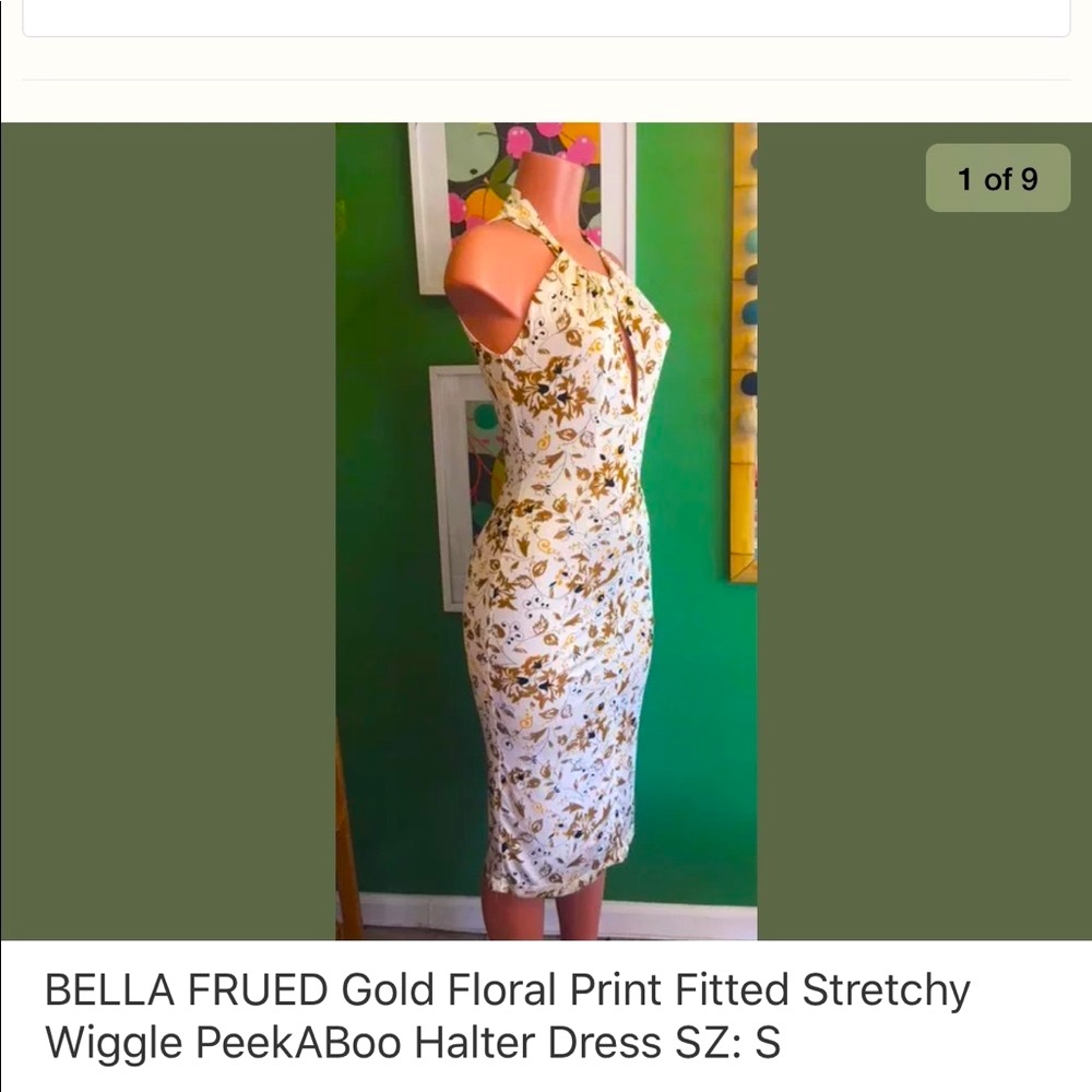Bella Freud Gold Floral Body Con Halter Dress S
